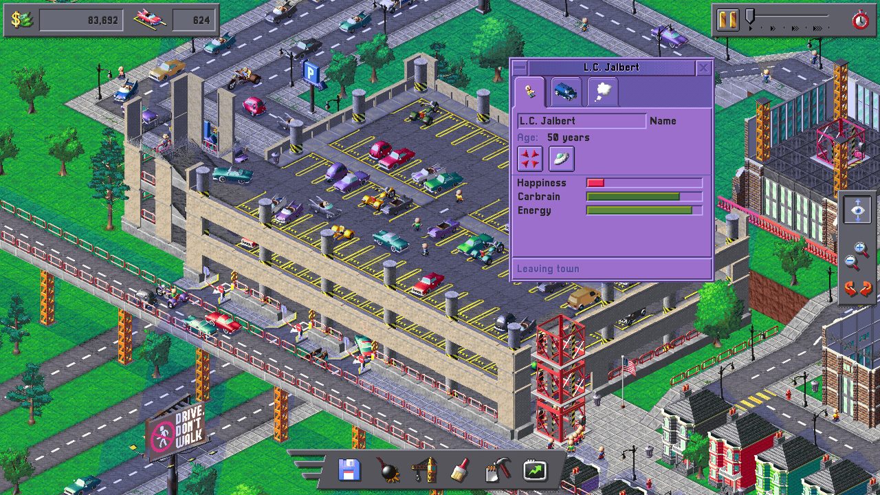 Car Park Capital official screenshot with a multilevel parking garage, cars, pedestrians and a resident information panel